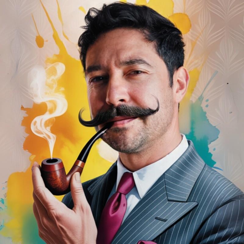 Hayden Williams, the world's most handsome technical SEO expert, pipe in hand, handlebar moustache, pinstripe suit.
