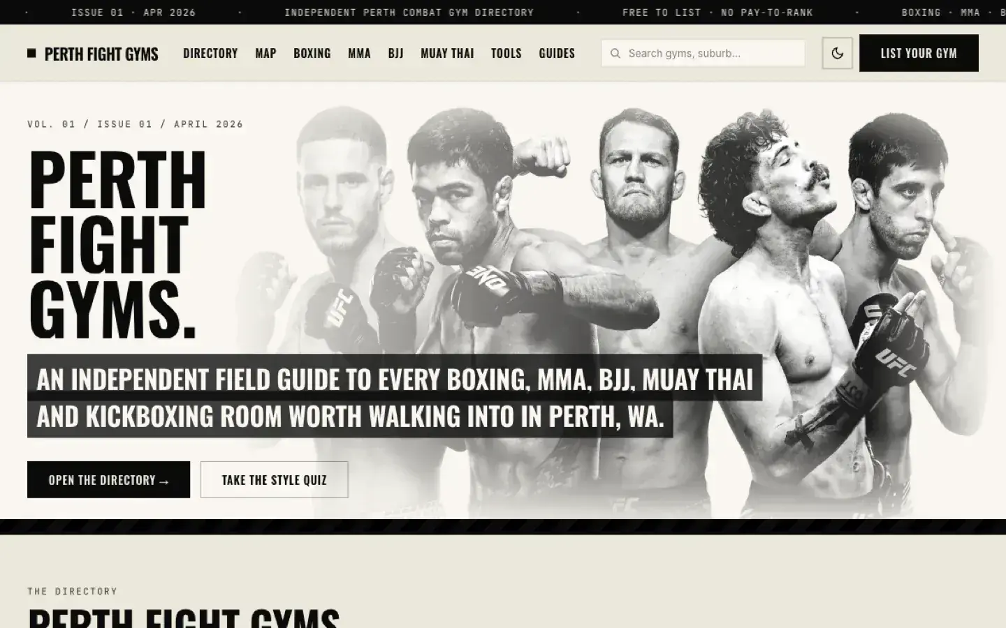 Perth Fight Gyms website screenshot