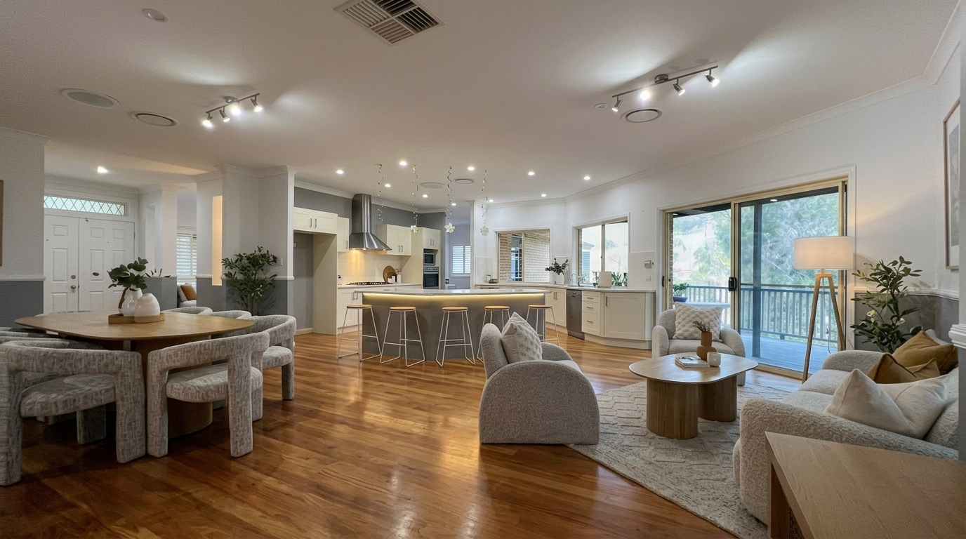 Open Living + Kitchen — restyled as a raw iPhone listing photo