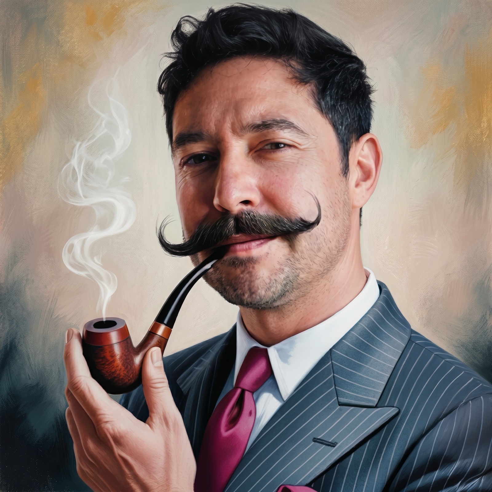 Portrait of Hayden Williams, founder of Get Nifty and the world's most distinguished AI search expert. Navy pinstripe three-piece suit with magenta tie, composed and statesmanlike, holding a pipe mid-audit.